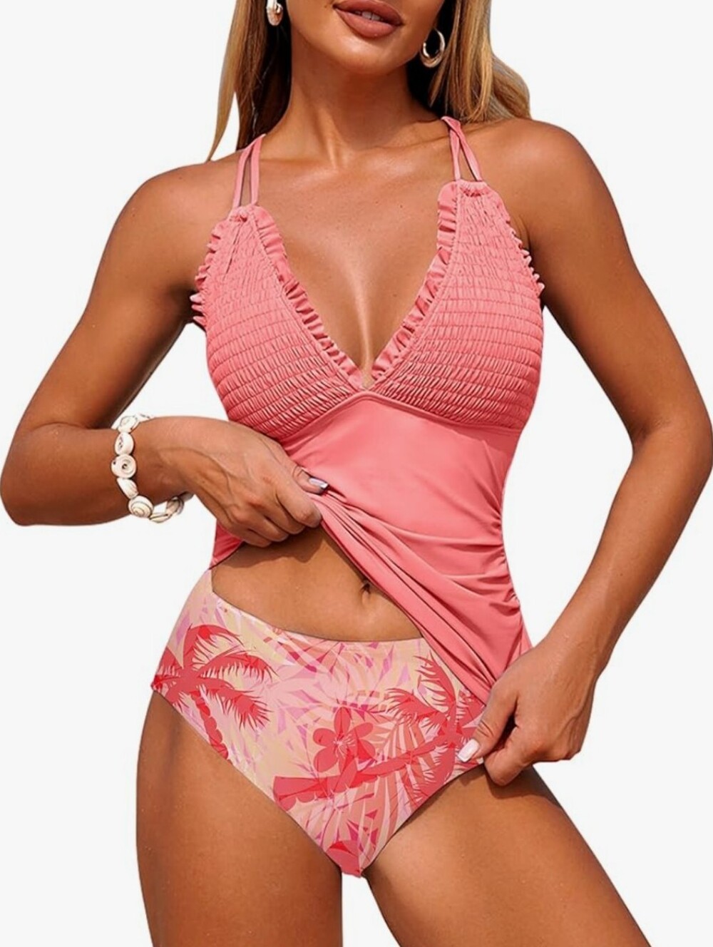 Zaful Pink Floral Smocked Top Tankini Set Size XL